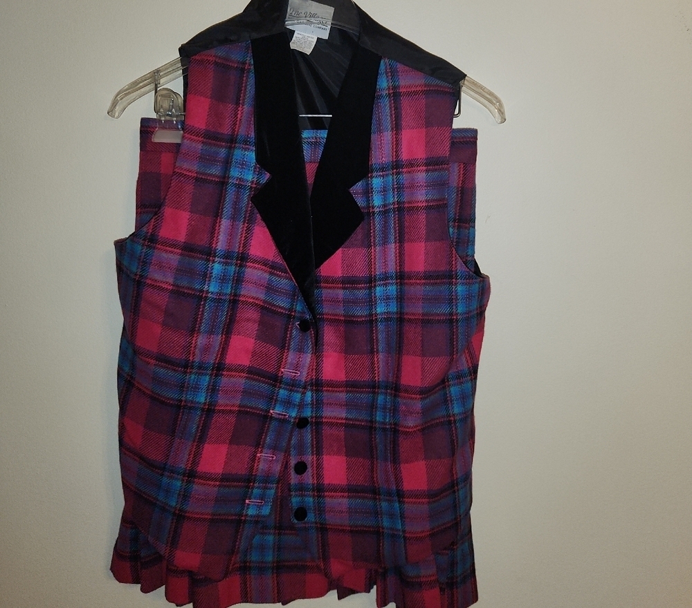 Pink and Blue Plaid Vest with Black Collar Size 8
